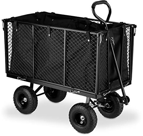 Relaxdays Carretto da Giardino, Grande Carrello con Sponde Pieghevoli, Telo Estraibile, con Manico, fino a 500 kg, Nero