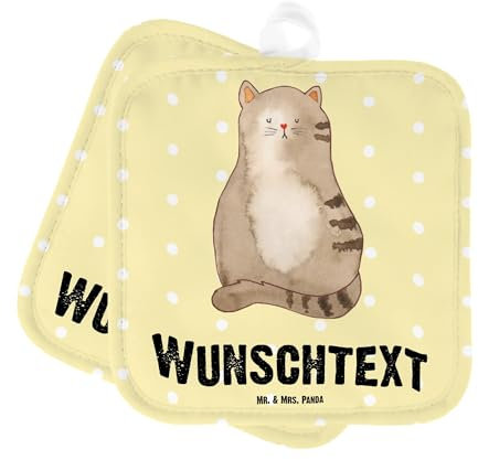 Mr. & Mrs. Panda Personalisierte Topflappen Katze Sitzen - Geschenke, Set Personalisiert, Familie, Cats, mit Namen, Herz, Namensaufdruck, Katzen, Personalisierter Ofenhandschuh, Topfuntersetzer, Liebe
