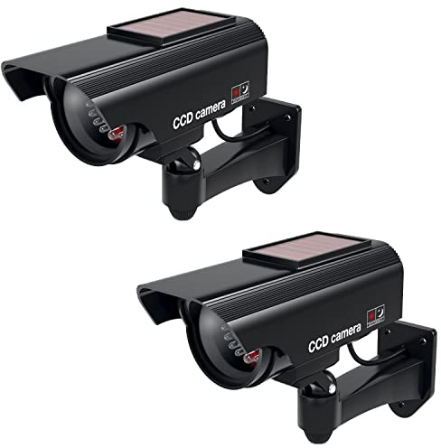 BASI | 2er Set Solar Kamera-Attrappe mit blinkendem LED-Licht | Dummy Kamera | Sicherheitskamera | Überwachungskamera für Innen- und Außenbereich solarbetrieben | Wandhalterung | Solar Panel | CCTV