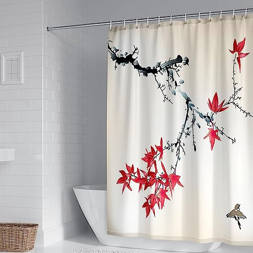 Whoiy Duschvorhang 180X200 Vogel, Duschrollo Um Die Ecke Polyester Bath Curtains Zweige und Vögel Rot Grau für Outdoor Hotel