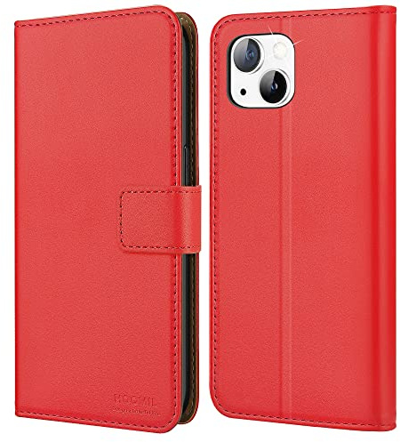 HOOMIL Handyhülle für iPhone 13 Mini, Premium Leder Klappbar Hülle, mit Kartenfach & Standfunktion, Unterstützt Kabelloses Laden - Rot