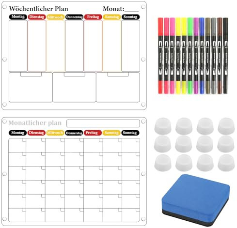 2 Stück Wochenplaner Abwischbar, Monatsplaner Abwischbar Acrylic Magnettafel Kühlschrank Wochenplaner Magnetisch Kühlschrank, Kommt mit 12 farbige Stifte für Büro Schule Heim 40 * 30cm