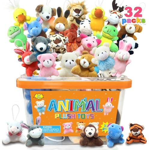 EDZTUN 32Pcs Mini Plush Animals Toy Set Assortment Easter Christmas Bulk Stuffed Keychain Party Favors for Kids Small Animals Decorations Toys Carnival Prizes Birthday Goodie Bag Fillers