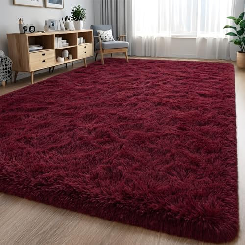 Nuttumico Fluffy Burgundy Red rug Carpet for Bedroom Living Room, 4x6 Feet High Pile Area rug Soft Shaggy Plush Cute Floor Decor for Nursery Dorm, Non-Slip