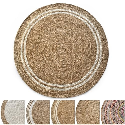 KARAT Alfombra redonda de yute, 100% fibra natural, trenzada, de yute natural, tejida a mano, para cocina y salón, robusta y resistente a los desgarros, Ø 90 cm (Mumbai)
