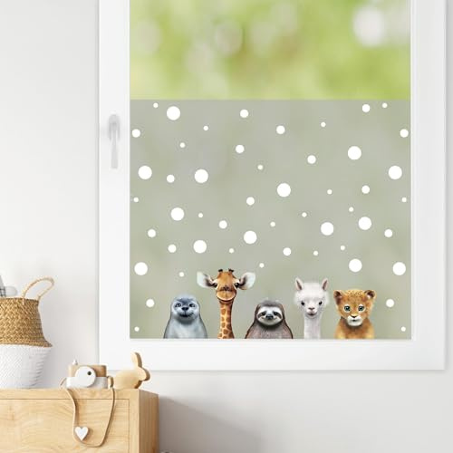 Wandtattoo Loft Sichtschutzfolie Kinderzimmer mit verschiedenen Zootieren als Motiv, Bunte Fensteraufkleber, Milchglasfolie, Kinder Fensterdeko, Dekoration Fenster Aufkleber, Fensterfolie Blickdicht