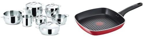 Lagostina Euforia Set di Pentole Induzione, Gas e Forno in Acciaio Inox 18/10, 11 Pezzi & Grill Antiaderente in Alluminio 26x26 cm, Induzione, Gas e Forno