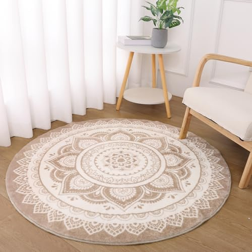 SHACOS Tapis de Salon Rond à Poils Courts 120 cm Tapis de Sol Décoratif Doux et Confortable Boho Moderne Antidérapant pour Salon Chambre, Beige