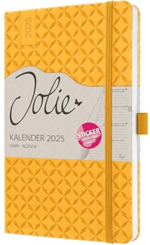 Wochenkalender Jolie A5 2025 mango yellow - SIGEL - 1 Woche auf 2 Seiten - Terminplaner mit geprägtem Kunstleder-Cover, Gummiband, Stiftschlaufe, Einstecktasche und Stickerbogen - 13,5 cm x 20,3 cm