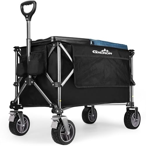 GXCROR Beach Trolley Cart Big Wheels Folding 100kg Capacity Wagon,Festival Fishing Pull Along Camping Garden Trolley on Wheels for Picnic (130L-Black)