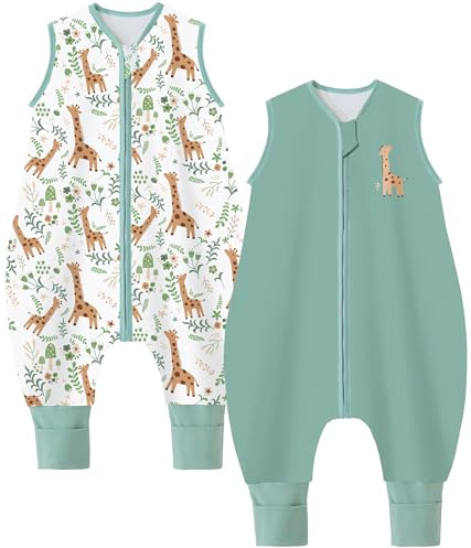 Chilsuessy Baby Schlafsack mit Beinen 1.5 Tog 2er Pack 100% Baumwolle Ganzjahres Schlafsack mit Füßen, 1.5 Tog/Grün + Giraffe, 90cm/Baby Höhe 95-105cm