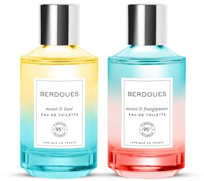 BERDOUES - Eau de Toilette Monoï & Frangipanier + Eau de toilette Monoï & Tiaré, Lot Solaire et Florale, Parfum femme, Vegan, Made in France, flacon 2x100ml