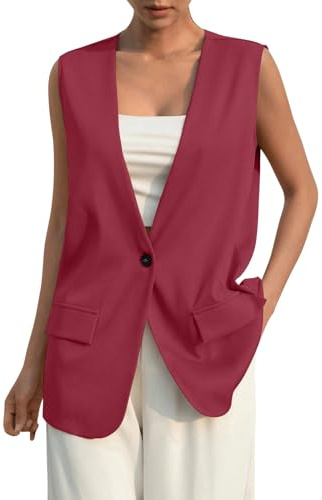 Generisk blazer väst dam ärmlös kort elegant sweatblazer 2025 ärmlös lätt sommarjacka smal kavajväst kostymväst vintage sommar täckkappa sportig kavajjacka kavaj, vin, XXL