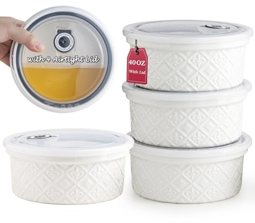 Large Ceramic Bowls 40 oz, Ramekin Bowls for Kitchen, Embossment Serving Bowls with Lids for Fruits, Salad, Snacks, Airtight Food Storage Containers Set of 4 - Suitable for Housewarming, White