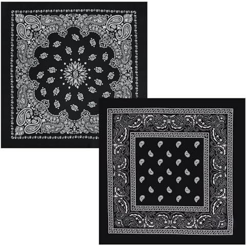 AuraFusion Bandana – 2er Set Schwarze Paisley-Muster Bandanas, 22x22 Zoll Baumwollbandanas für Männer & Frauen, Vielseitig als Kopfband, Halstuch oder Gesichtsmaske