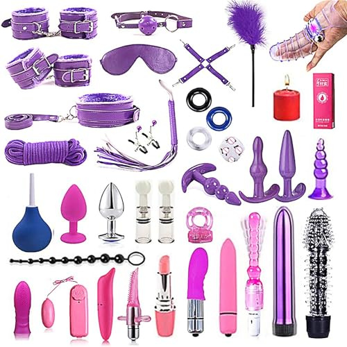 Bondage Set Jouets Sexuels Ensemble 38 Pièces Jouets Sexuels SM Extrêmes pour Adultes Avec Menottes Menottes de Cheville Ensemble de Lit Plug Anal Ensemble pour Amateurs De Bondage (Violet)