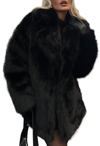 Kissonic Women's Long Faux Fur Coat Lapel Shaggy Winter Jacket Luxury Warm Furry Open Front Outerwear(Black-S)