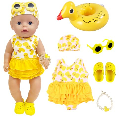 6 Stück Baby Puppen Schwimmset, 14-18 Zoll Sommerliches Enten-Print Puppen Schwimmset, 35-45cm Baby Puppen Kleidung Outfits mit Badeanzug Schwimmring Sonnenbrille Schuhe Armband Geschenke für Kinder