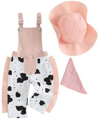 Geagodelia Toddler Boys Girls Tassel Sleeveless Overalls 3Pcs Cow Print Adjustable Romper Full Length Jumpsuit Suspender Bodysuits with Cowgirl Hat and Bandana Neck Scarf (Pink, 6-12 Months)