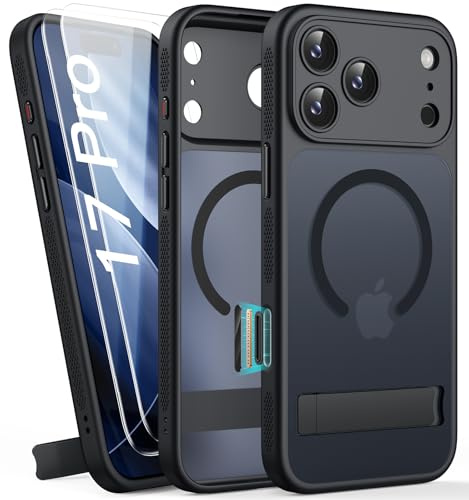 SIXBOX for iPhone 17 Pro Magnetic Case with Stand, 2 Glass Screen Protectors, Camera Control, Compatible with MagSafe, Lens Protection, Military Grade, Translucent Case for iPhone 17 Pro, Black