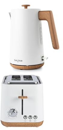 Salter Toronto Kettle & 2-Slice Toaster Set - 1.7L 3KW Rapid Boil Cordless Kettle with Boil Dry Protection, 815W Wide Slot Toaster with 6 Browning Levels & Defrost/Reheat/Cancel, Matte White | 815W wide-slot toaster, 6 browning levels, defrost/reheat/cancel, cordless 360° base, auto shut-off, boil-dry protection