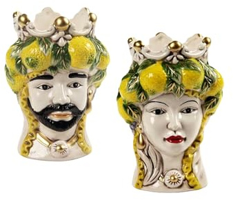 Teste di Moro Coppia Re e Regina Caltagirone, Stile Ceramiche Siciliane, Vaso Testa di Moro in Ceramica 12x18 cm