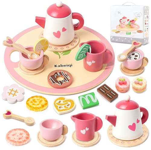 23 Pcs Pretend Play Tea Party Set, Wooden Tea Set with Tray, Teapot, Cups, Biscuits Accessories, Role Play Tea Set for Tea Time, Educational Wooden Playset for Home or Nursery