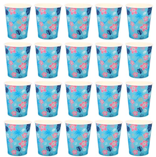 SAVITA 20pcs Gobelet Carton Fête Hawaïenne, Gobelet Hibiscus avec Motifs Cocotiers et Feuilles de Palmier Décorations d'Anniversaire pour Fête sur le Thème du Dessin Animé(Style 1)