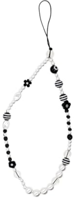 SHOWERORO Chaîne Téléphone Portable Boho Noire et Blanche Dragonne Perlée Téléphone Antiperte Accessoires Décoratifs pour Filles et Femmes