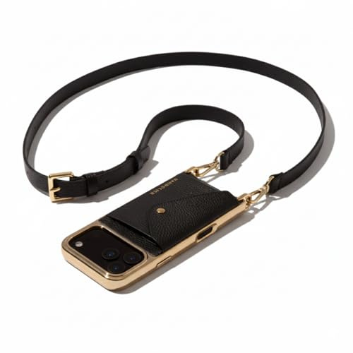 Bandolier Hailey - Funda tipo cartera cromada para iPhone 15 Pro. 100 % piel auténtica de guijarros con herrajes dorados. Correa ajustable y extraíble. Tarjetero extensible con tapa, color negro con