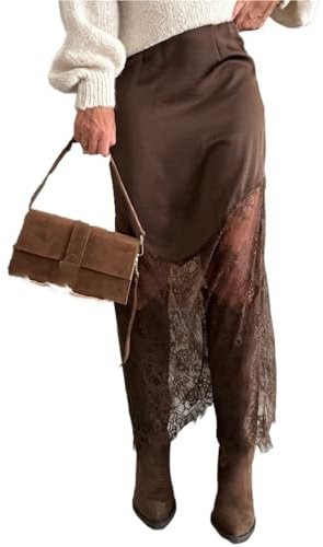 Gonne Patchwork Di Pizzo Da Donna Gonne A Vita Alta A Line Y2K Gonne Maxi Eleganti Gonna Con Finiture In Pizzo Gonna Boho(Brown,S)