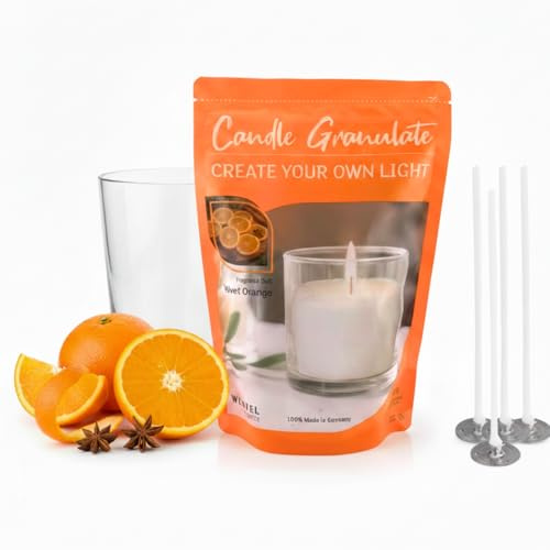 Alluvo Kerzensand Velvet Orange 400 g mit 4 Dochten palmölfrei | Kerzengranulat mit sommerlichem Orange-Duft – rußarm, wiederverwendbar für Windlichter, DIY-Kerzen und stilvolle Wohnräume
