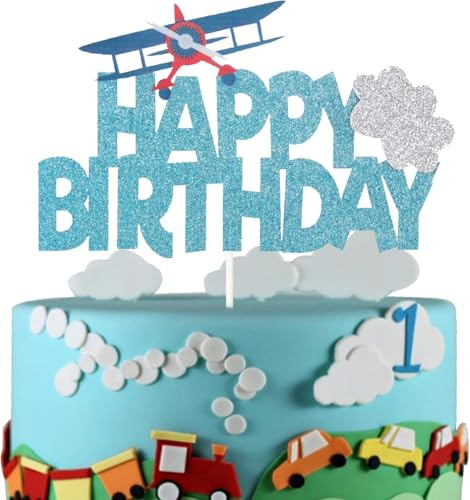Airplane Happy Birthday Cake Topper First Birthday Party Decoration Travel Theme Kids Birthday Party Supplies