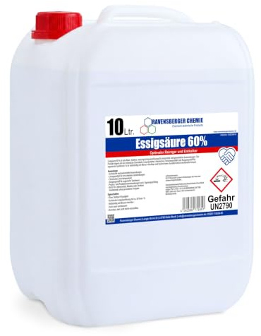 Ravensberger Chemie Essigsäure 60% 10L – konzentrierter technischer Reiniger & Profi Entkalker für säurebeständige Bauteile, Behälter, Leitungen und Anlagen - Rostentferner - 10 Liter Kanister