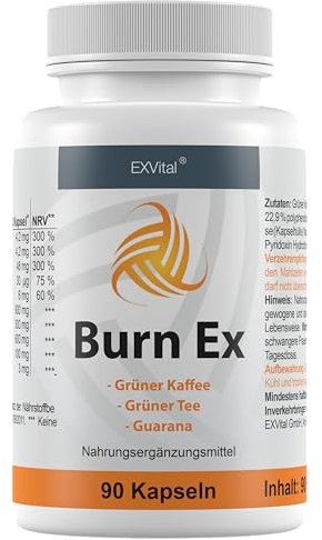 Burn Ex, Grüner Kaffee Extrakt mit Chlorogensäure , 90 grüner Kaffee Kapseln (wenig Kalorien zur Diät geeignet), 1800 mg grüner Kaffee Extrakt + Grüner Tee + Guarana, F-Burn