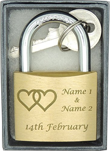 40mm, Personalised Engraved Padlock,15 Styles, Gift Box, Bold Contrasting Text (Linked Hearts)