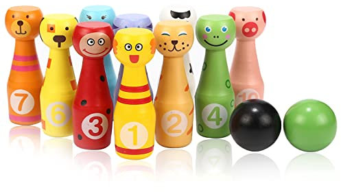 Jacootoys Kegelspiel 10 teiliges Kegel und 2 Bälle Bowling Set für Junge Mädchen Kinder Spielzeug aus Holz Drin Draußen ab 3 Jahren