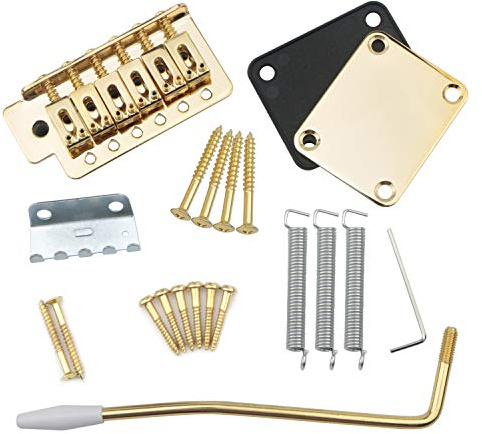 Swhmc Golden 6 Strings Electric Guitar Tremolo Bridge Bar Kit with Neck Plate Reinforce Board for Fender Strat Guitar Replacement