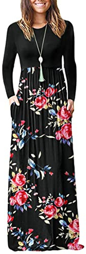 AUSELILY Women's Casual Maxi Dress Long Sleeve | Autumn/Winter Dresses for Women uk,Long Casual Dress with Pockets,Round Neck,daily wear,Comfortable fabric,Polyester,Spandex