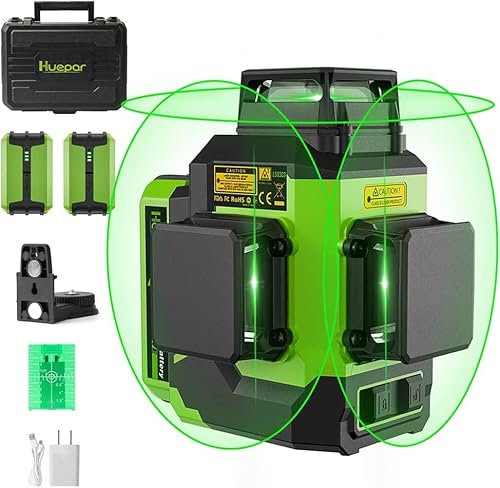 Huepar 3D Green Laser Level - 3x360° Self-Leveling 12 Lines Outdoor Cross Line Laser with Pulse Mode, 2 Rechargeable Li-ion Batteries, Magnetic Bracket, Hard Carry Case