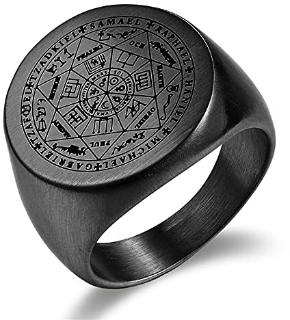 JewelryWe Schmuck Herren-Ring mit Gravur Edelstahl Siegel der Sieben Erzengel Siegelring Silber Gold Schwarz Größer 54mm-72mm