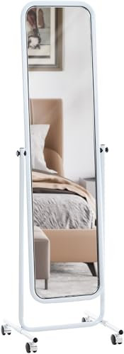 CLP Standspiegel Medusa mit Laufrollen I Ganzkörperspiegel mit Metallrahmen I Stehspiegel neigbar und 360 Grad drehbar, Farbe:weiß