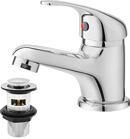 Basin Mixer Tap with Pop Up Waste, BATHWEST Classic Brass Chrome Monobloc Bathroom Sink Taps with Sink Plug, Single Lever Morden Basin Taps with Waste 022NCR