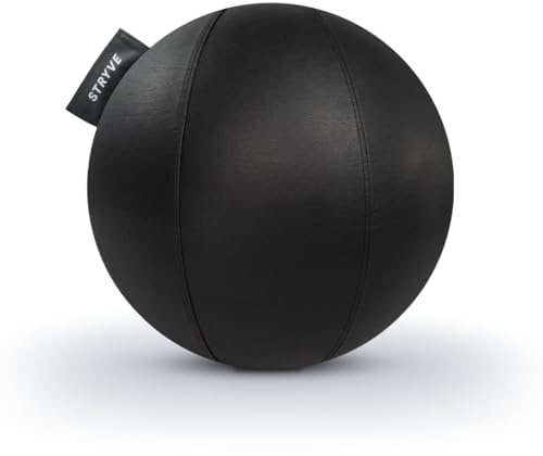 STRYVE Active Ball All Black 70cm – Design Award GEWINNER – Kunstleder-Gymnastikball für Fitness, Yoga, Pilates – Ergonomischer Sitzball fürs Büro, inkl. Luftpumpe & E-Book, belastbar bis 150kg