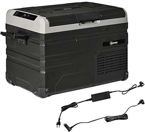 Outsunny Nevera Compresor Portátil 35L Refrigerador de Coche CC 12V/24V hasta -20℃ Nevera Eléctrica con Compartimento Congelador Pantalla LED Táctil 2 Asas para Camping Viajes 60x40x44 cm Negro