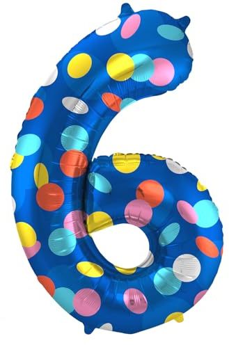 Folat 64186 Luftballon Geburtstag Ziffer Zahl 6 Colorful Dots Blau mit farbigen Punkten 86 cm - Helium Ballon Decoration Geburtstagdeko, Ballon Zahl