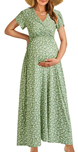 OUGES Maternity Maxi Dress Wrap Baby Shower Pregnancy Dresses for Photoshoot Maternity Outfits Summer Clothes 2026(Floral-8, Medium)