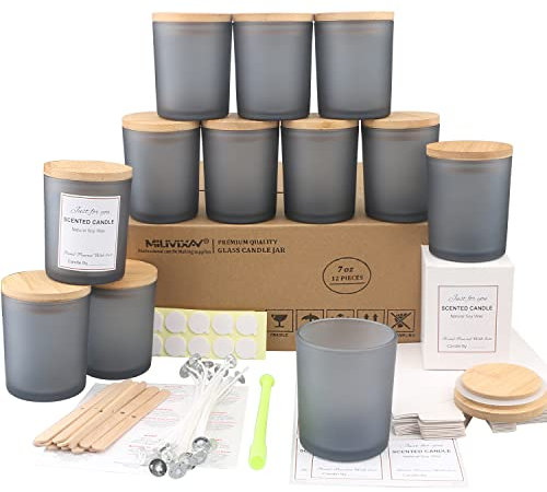MILIVIXAY Mattierte graue Kerzengläser aus Glas mit Deckeln und Kerzenherstellungs-Sets, leere Kerzengläser im Großpack zum Kerzenmachen, Gewürz- und Pulverdosen, 12er-Pack, 200 ml