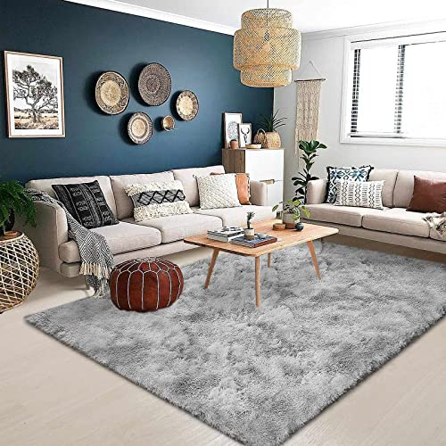 ASIinnsy Hochflor Teppich Wohnzimmer Flauschig Shaggy Weich Modern Grau Teppich Schlafzimmer Kinderzimmer Deko Langflor Teppiche Groß rutschfest Plüsch-Teppiche (Grau Weiß, 160 x 230 cm)