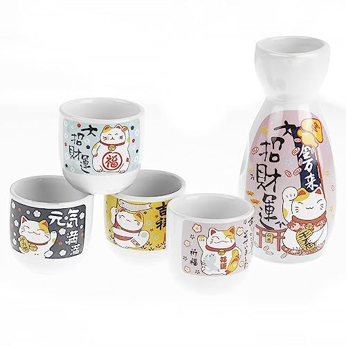 lachineuse - Sake-Set Maneki Neko Katze – mit 4 Schalen und Karaffe | Japanische Sake-Gläser – Asiatisches Geschirrgeschenk – Traditionelles japanisches Sake-Set – Japanische Glückskatze